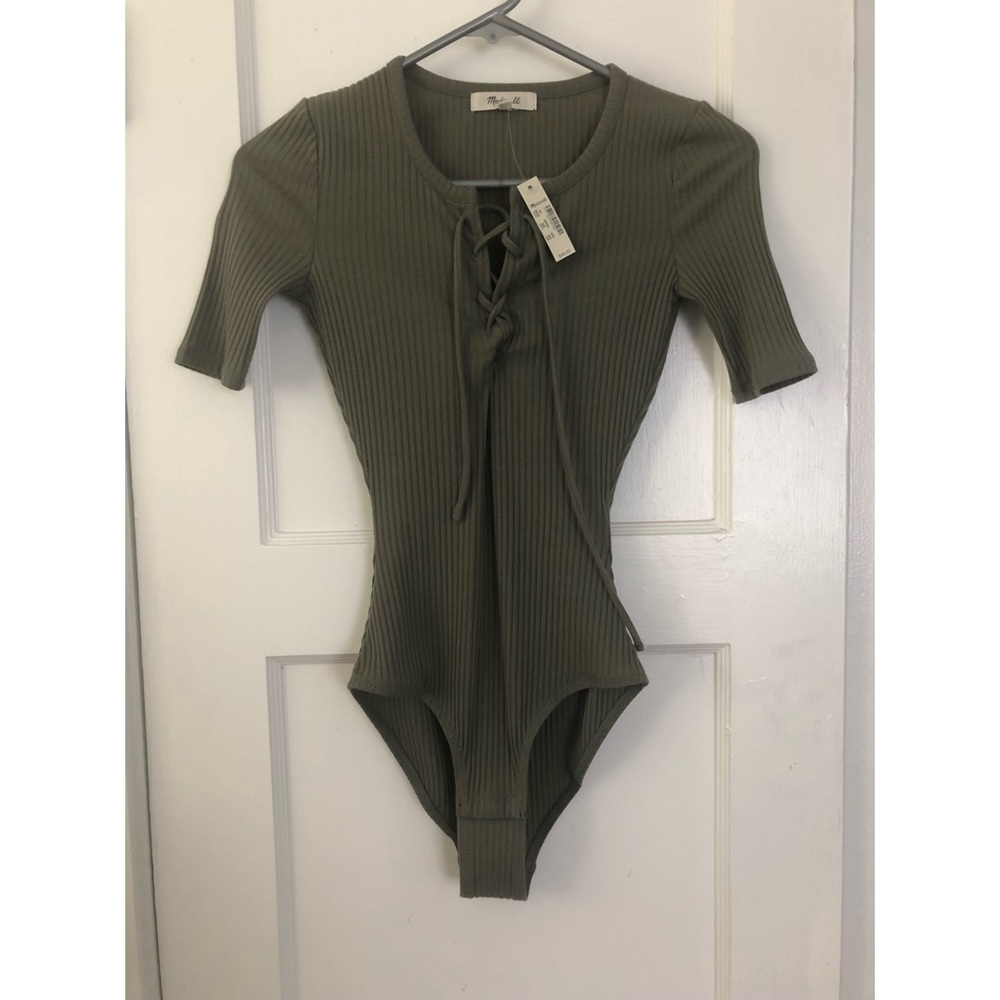 NWT Madewell Women's Green Lace Up Neckline Short Sleeve Body Suit Size XS